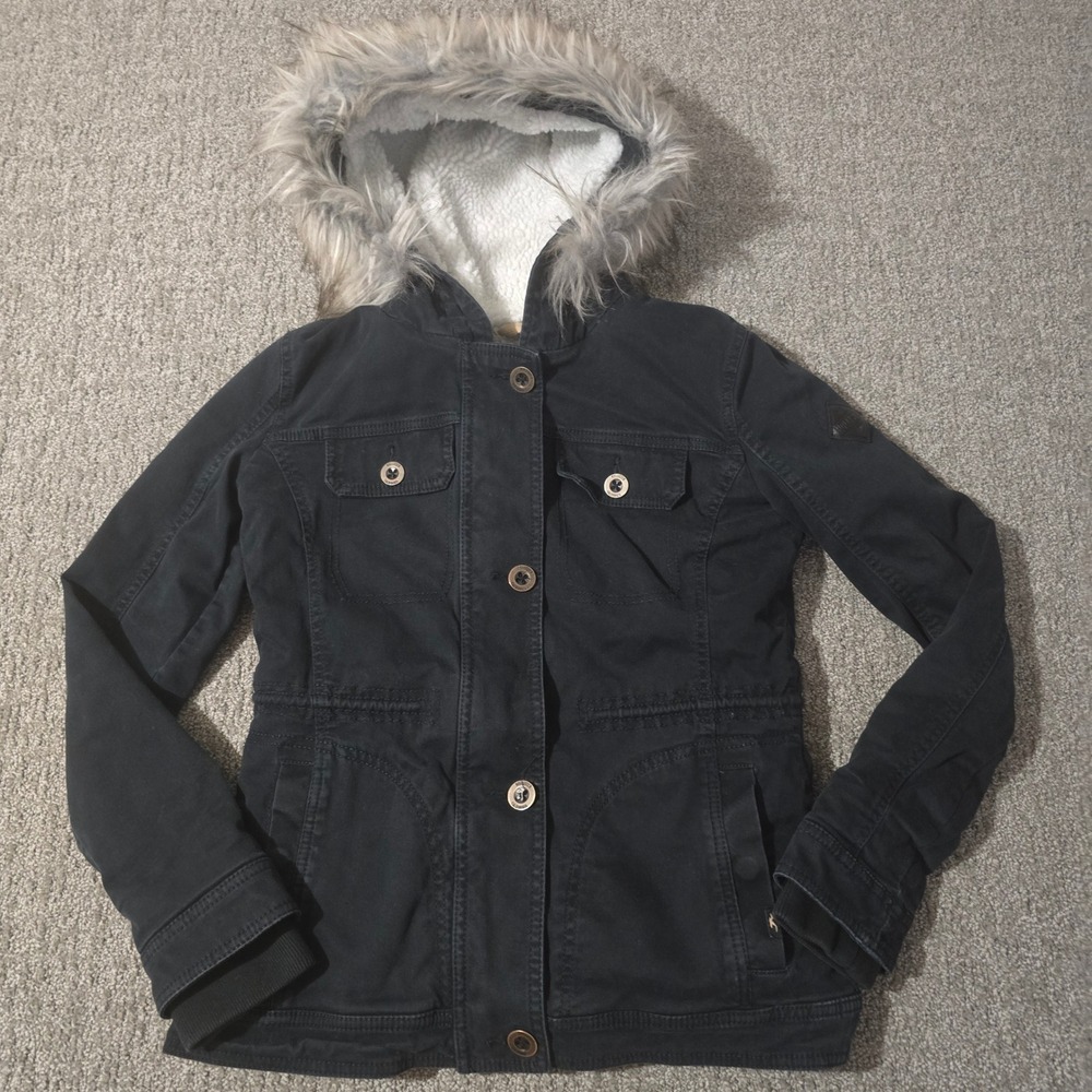 Hollister Heritage Womens S Black Sherpa Lined Faux Fur Hood Utility Parka Coat